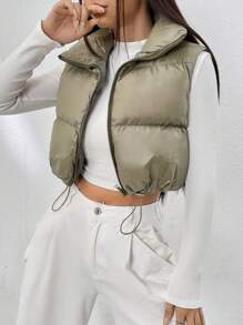 SHEIN EZwear 抽绳下摆拉链背心夹棉外套 - 軍綠色 - 查看 5