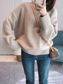 休閒純色女士毛衣 - 米色 - 查看 1