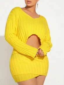 SHEIN SXY Áo len trễ vai cao thấp viền - Màu vàng - Xem 5