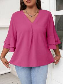 Celure Plus Solid Flare Sleeve V Neck Blouse - Hot Pink - View 3
