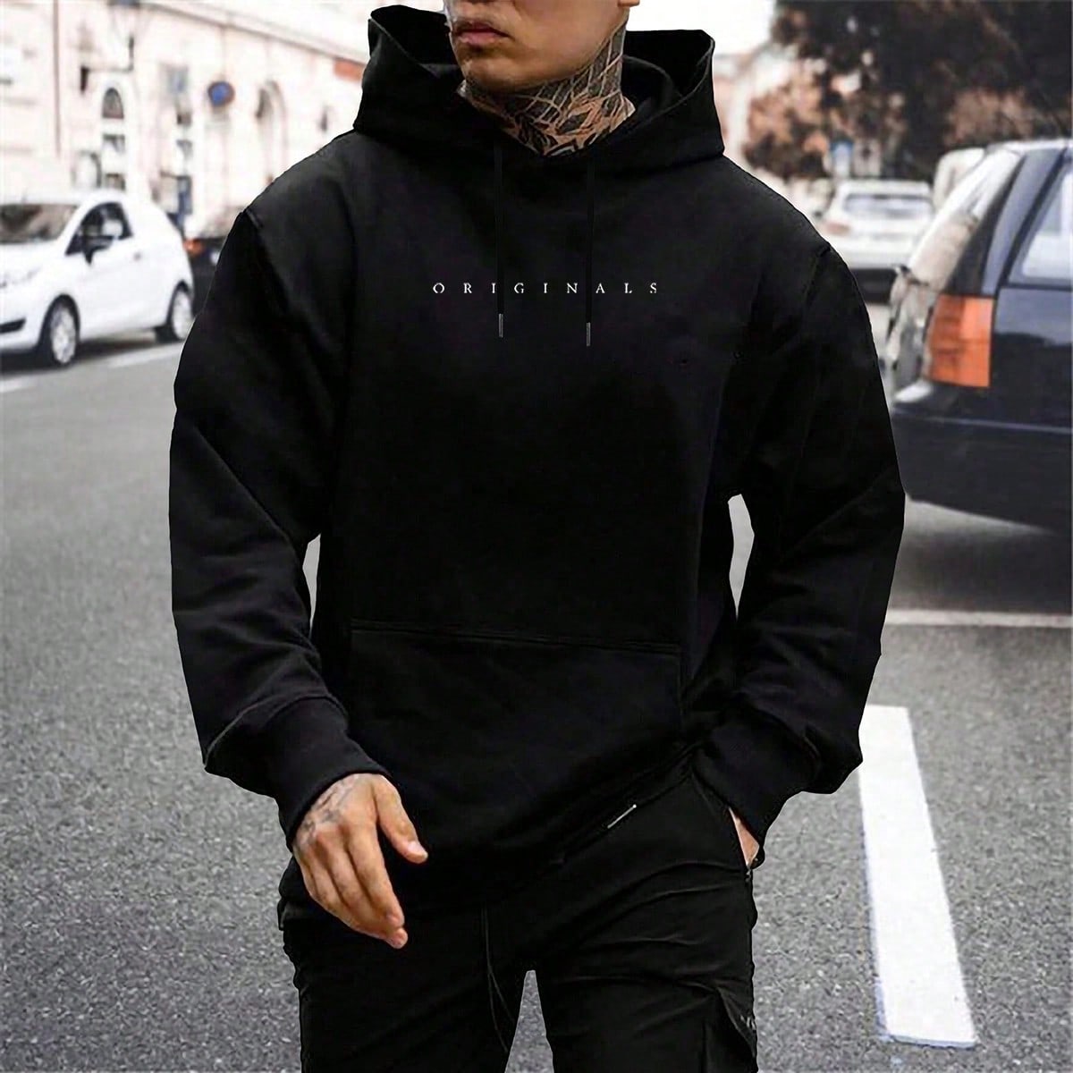Sudadera con capucha casual con cordón y gráfico de letras en el bolsillo, para otoño