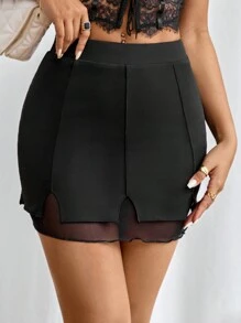 SHEIN Privé Lưới tương phản Ren Mộc nhĩ Váy bodycon - màu đen - Xem 3