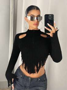 SHEIN ICON 鏤空流蘇邊不對稱下擺短款開衫