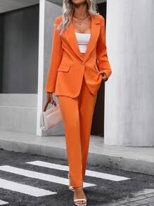 SHEIN Privé Lapel Neck Single Button Blazer & Pants - Orange - View 6