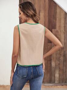 SHEIN LUNE 植物刺繡對比不對稱下擺無袖襯衫 - 杏色 - 查看 2