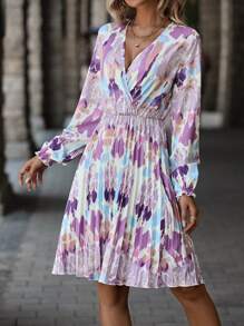 SHEIN LUNE Tie Dye Lantern Sleeve Pleated Hem Dress - Multicolor - View 4