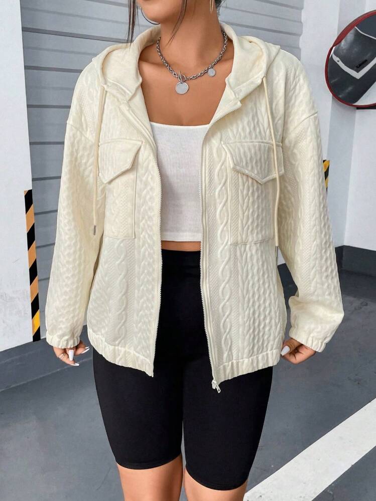 Flirla Talla grande Cazadora con bolsillo con solapa de hombros caídos con cordón con capucha - Beis - Añade 5