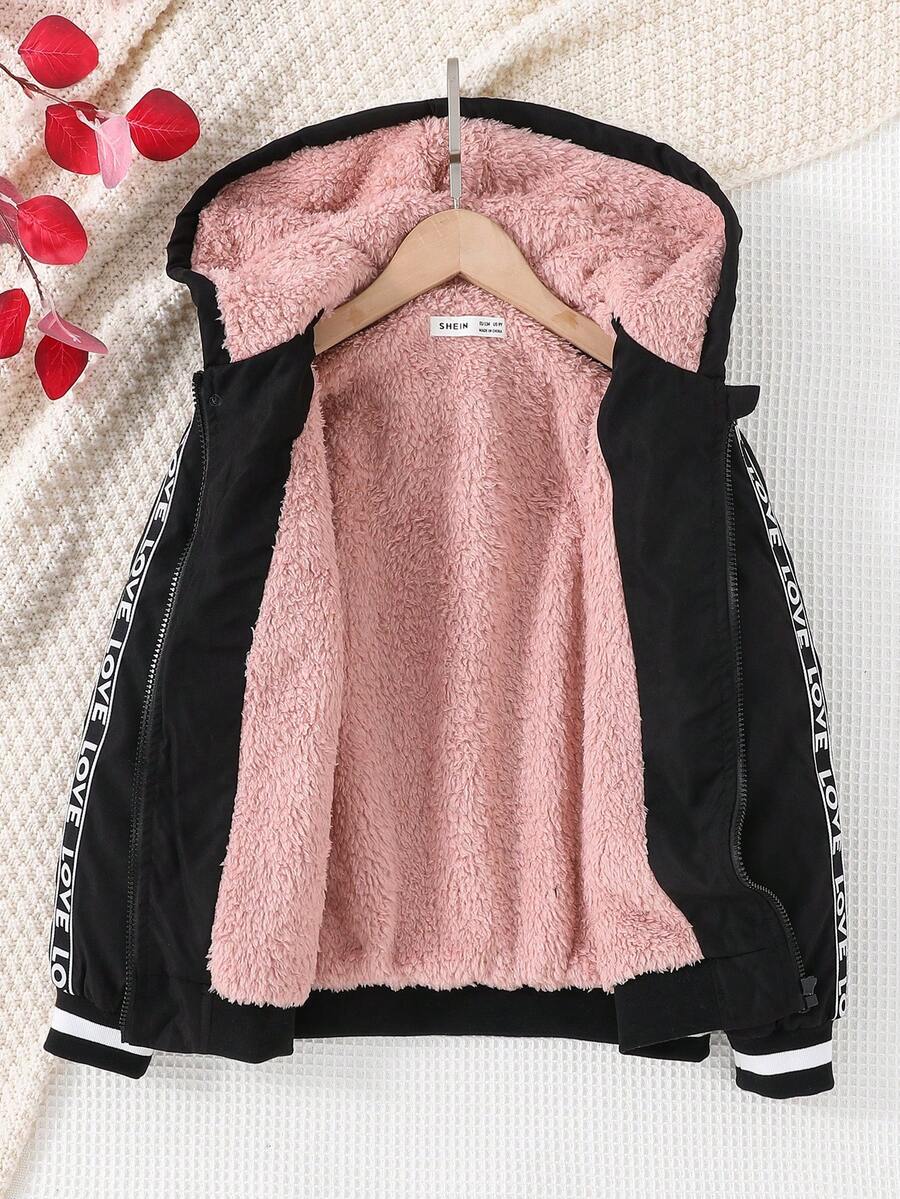 SHEIN Tween Girl Letter Tape Side Hooded Thermal Lined Jacket - Black - View 1