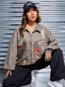 SHEIN EZwear Cartoon & Slogan Graphic Drop Shoulder Zip Up Jacket - Khaki - View 6