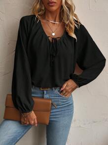 SHEIN LUNE Solid Lantern Sleeve Blouse Fall Cloth For Women - Black - View 1