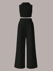 Tween Girl Solid Crop Vest Jacket & Wide Leg Pants - Black - View 2