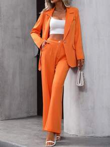 SHEIN Privé Lapel Neck Single Button Blazer & Pants - Orange - View 1