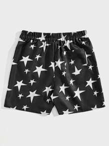 ROMWE MEN Street Life Men Star & Letter Graphic Drawstring Waist Shorts, Football Style - Black and White - View 2