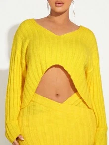 SHEIN SXY Áo len trễ vai cao thấp viền - Màu vàng - Xem 4