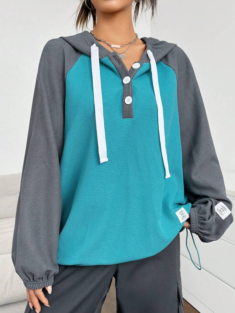 Colorblock Raglan Sleeve Drawstring Hoodie