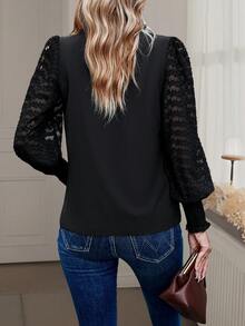 SHEIN LUNE Contrast Lace Lantern Sleeve Frill Trim Blouse - Black - View 2