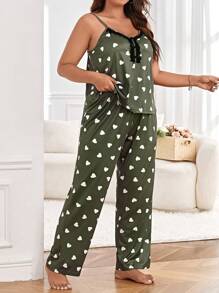 Plus Heart Print Lace Trim PJ Set / Pajama Set - Army Green - View 4