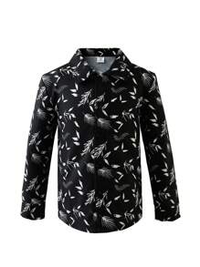 SHEIN 1pc Young Boy's Casual Leaf Print Long Sleeve Shirt Jacket Suitable For Spring And Autumn, Street Or School Wear - Black - View 1