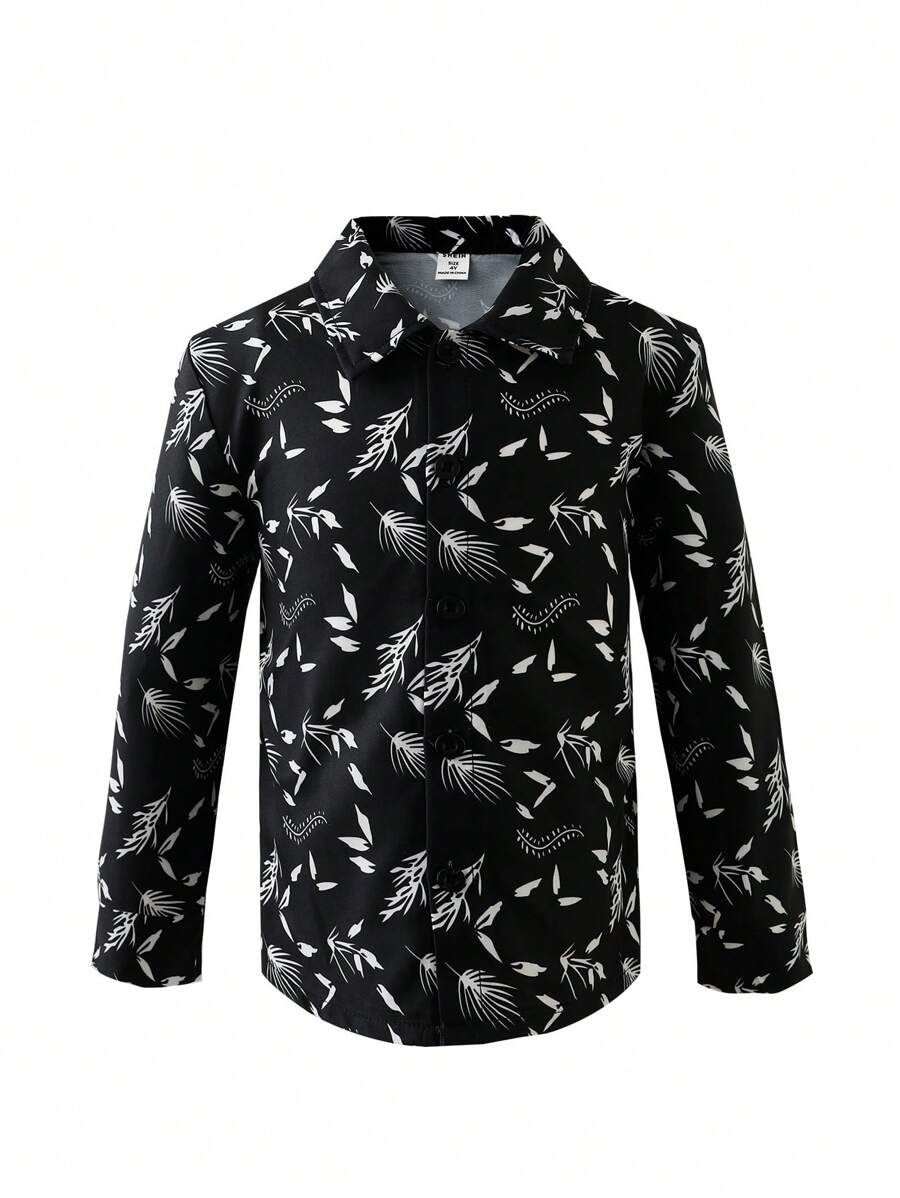 SHEIN 1pc Young Boy's Casual Leaf Print Long Sleeve Shirt Jacket Suitable For Spring And Autumn, Street Or School Wear - Black - View 1