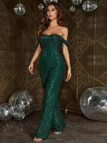 Off Shoulder Sequin Jumpsuit - Dark Green - View 5