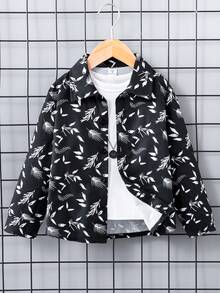 SHEIN 1pc Young Boy's Casual Leaf Print Long Sleeve Shirt Jacket Suitable For Spring And Autumn, Street Or School Wear - Black - View 3