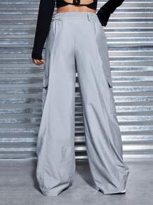 SHEIN EZwear Pantalones De Carga Con Bolsillo De Solapa Y Raja En El Dobladillo - Gris Claro - Ver 3