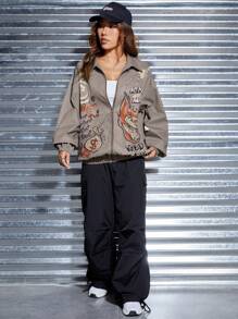 SHEIN EZwear Cartoon & Slogan Graphic Drop Shoulder Zip Up Jacket - Khaki - View 3