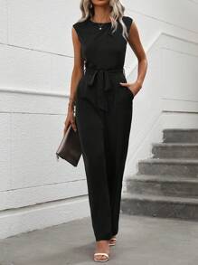 Chiquease Solid Belted Wide Leg Jumpsuit - Black - View 3