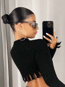 SHEIN ICON 鏤空流蘇邊不對稱下擺短款開衫