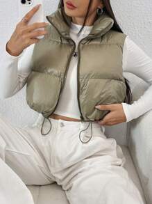 SHEIN EZwear 抽绳下摆拉链背心夹棉外套 - 軍綠色 - 查看 3