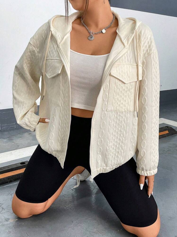 Flirla Talla grande Cazadora con bolsillo con solapa de hombros caídos con cordón con capucha - Beis - Añade 4