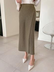 DAZY Solid High Waist Wrap Hem Skirt,Pencil Skirt - Olive Green - View 6