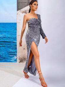 LOVE&LEMONADE One Shoulder Split Thigh Sequin Party Dress - Grey - View 3