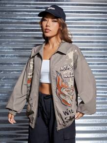 SHEIN EZwear Cartoon & Slogan Graphic Drop Shoulder Zip Up Jacket - Khaki - View 4