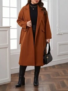 SHEIN Privé Plus Lapel Neck Belted Overcoat - Khaki - View 1