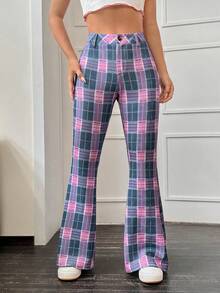 SHEIN Qutie Plaid Print Flare Leg Pants - Multicolor - View 3