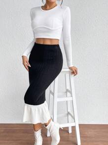 SHEIN Essnce Khối màu Nàng tiên cá Hem Váy dệt kim - màu đen - Xem 5