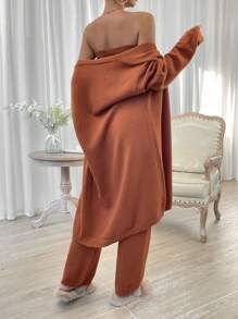 Chiquease Solid Tube Knit Top & Knit Pants & Drop Shoulder Cardigan - Coffee Brown - View 2