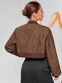 SHEIN EZwear Zip Up Crop Bomber Jacket - Chocolate Brown - View 2