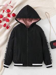 SHEIN Tween Girl Letter Tape Side Hooded Thermal Lined Jacket - Black - View 3