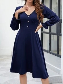 Flare Sleeve Button Detail A-Line Dress - Navy Blue - View 1