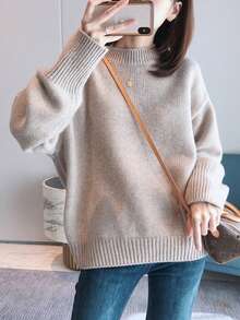 休閒純色女士毛衣 - 米色 - 查看 4