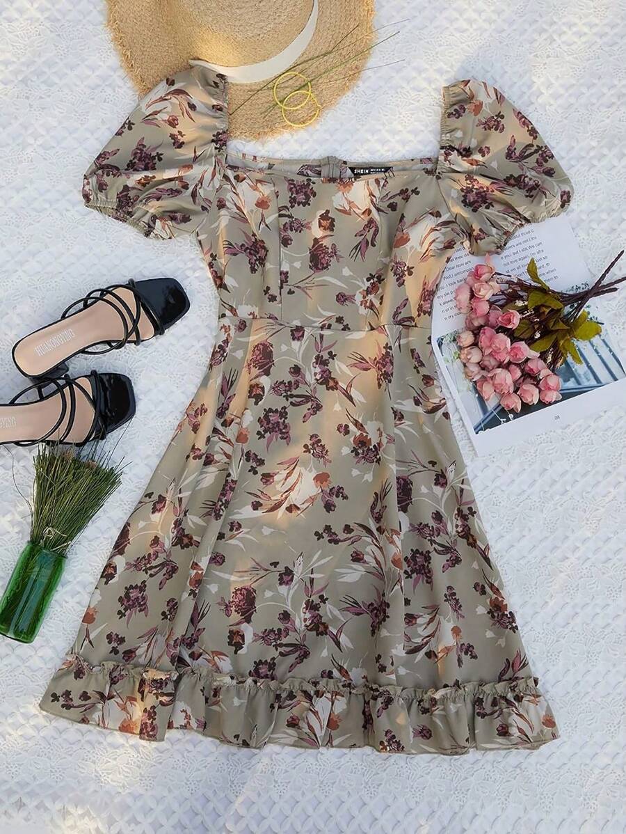 SHEIN VCAY Vestido con estampado floral bajo fruncido de manga farol - Multicolor - Ver 1