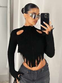 SHEIN ICON 鏤空流蘇邊不對稱下擺短款開衫