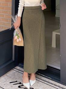 DAZY Solid High Waist Wrap Hem Skirt,Pencil Skirt - Olive Green - View 1