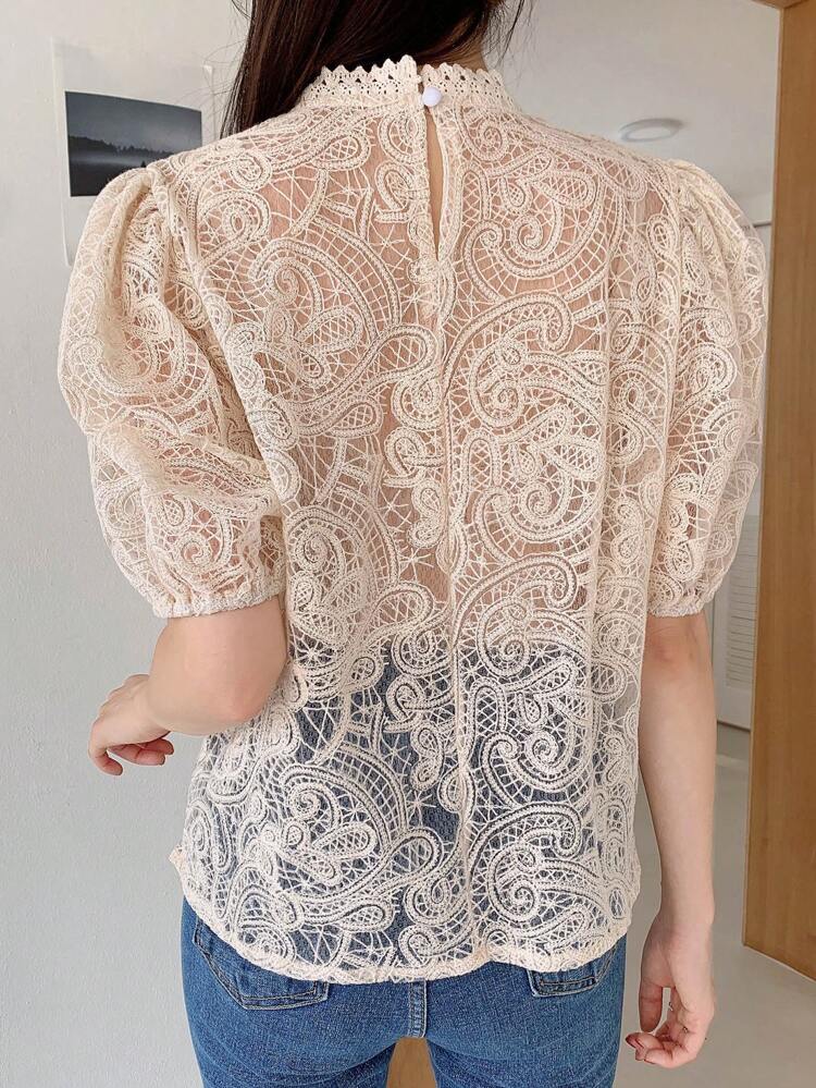 Floral Embroidery Puff Sleeve Lace Blouse