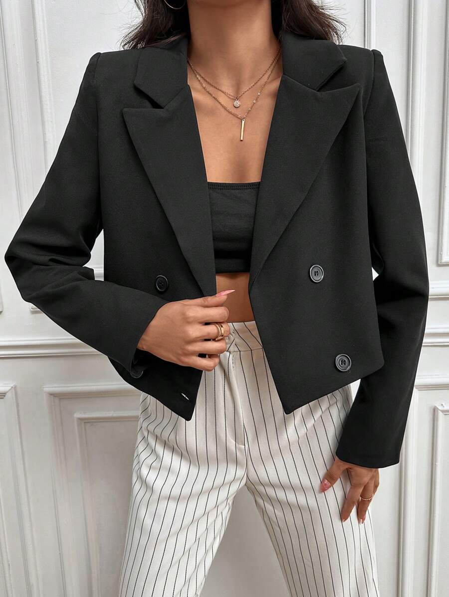 SHEIN PETITE Lapel Neck Double Breasted Blazer - Black - View 1