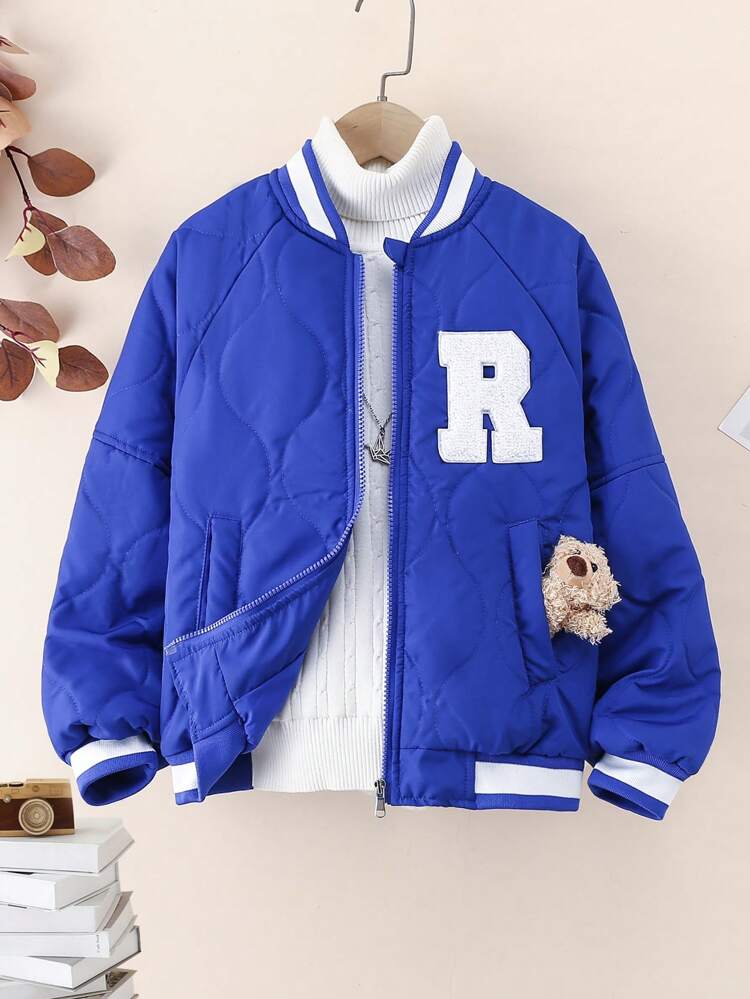 Tween Boy 1pc Letter Patched Striped Trim Bomber Jacket