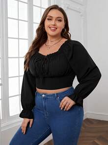 SHEIN Privé Plus Off Shoulder Flare Sleeve Knot Front Crop Blouse - Black - View 3