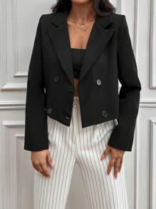 SHEIN PETITE Lapel Neck Double Breasted Blazer - Black - View 4